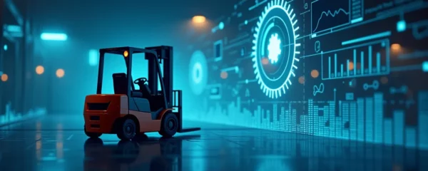 Illustration conceptuelle d'un chariot élévateur avec éléments visuels symbolisant la maintenance préventive