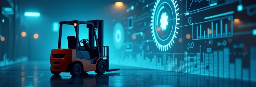 Illustration conceptuelle d'un chariot élévateur avec éléments visuels symbolisant la maintenance préventive