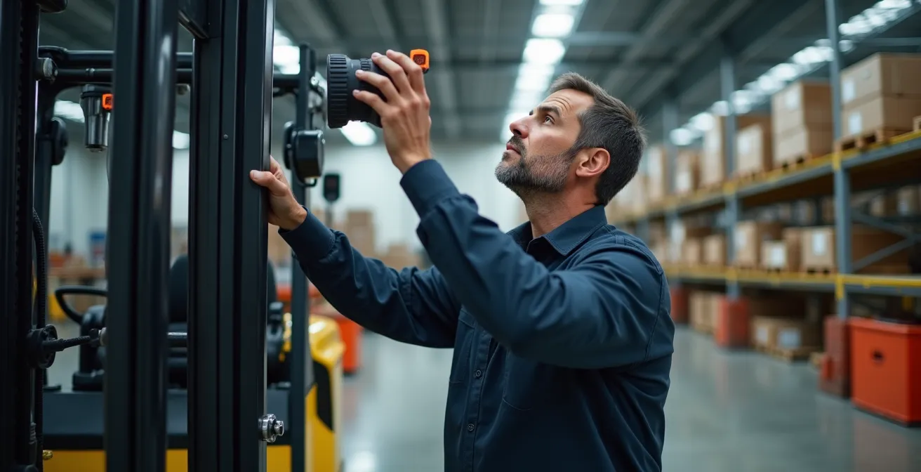 Opérateur effectuant une vérification visuelle sur un engin de manutention dans un environnement industriel