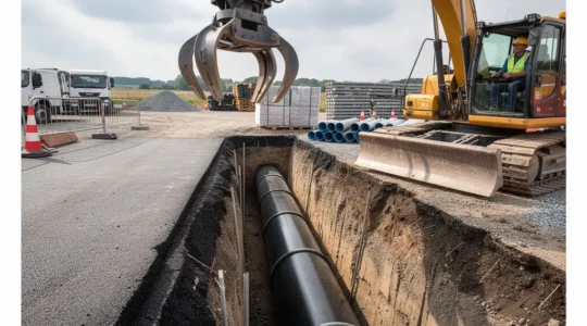 Pelle mécanique équipée d'un grappin hydraulique manipulant des tuyaux sur chantier de travaux publics