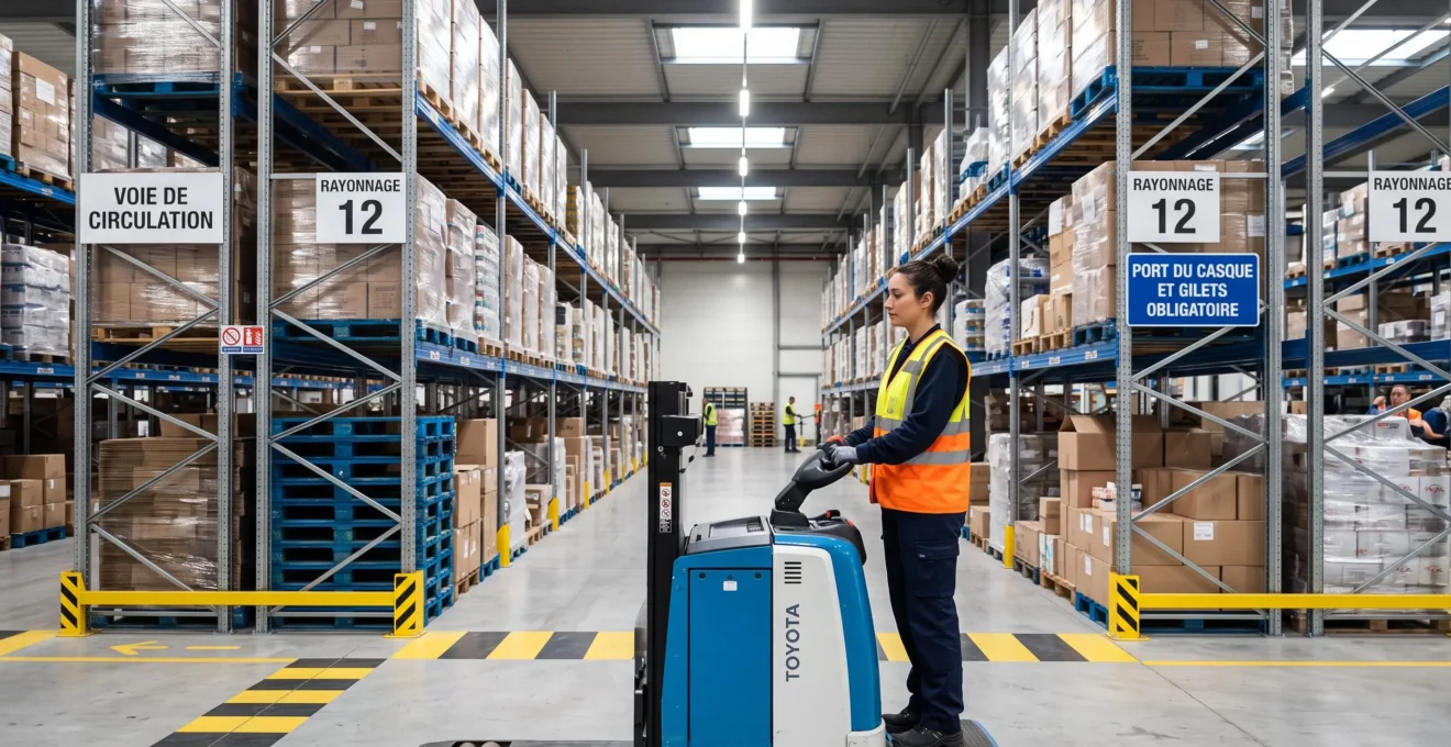 Opérateur conduisant un chariot élévateur électrique dans une allée d'entrepôt logistique moderne avec rayonnages chargés de palettes en arrière-plan