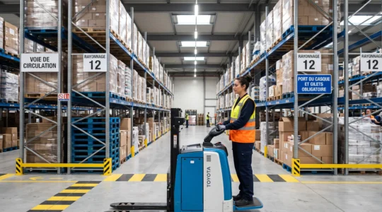 Opérateur conduisant un chariot élévateur électrique dans une allée d'entrepôt logistique moderne avec rayonnages chargés de palettes en arrière-plan