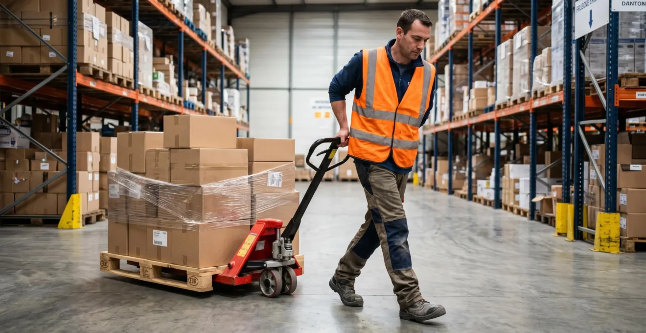 Opérateur logistique français déplaçant une palette Europe chargée avec un transpalette manuel dans un entrepôt industriel moderne