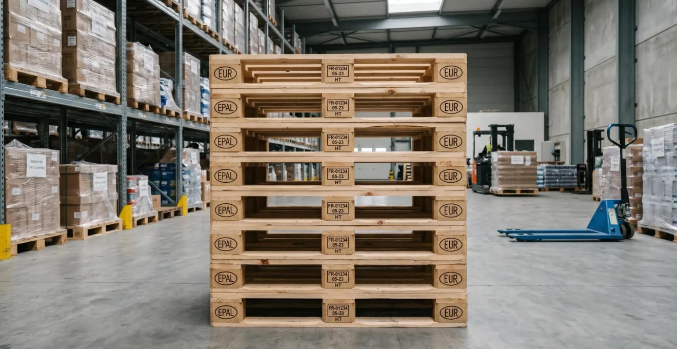 Palettes Europe EUR EPAL 800×1200 mm empilées dans un entrepôt logistique moderne, avec marquages de certification visibles et équipements de manutention en arrière-plan