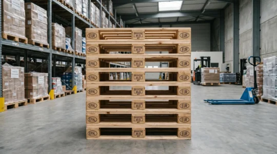 Palettes Europe EUR EPAL 800×1200 mm empilées dans un entrepôt logistique moderne, avec marquages de certification visibles et équipements de manutention en arrière-plan
