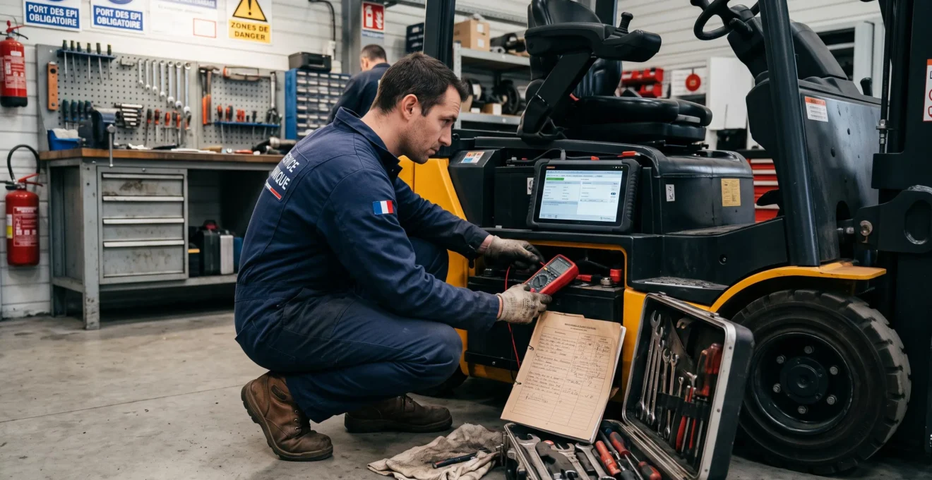 Technicien de maintenance inspectant le système hydraulique d'un chariot élévateur stationné dans un atelier SAV avec outils de diagnostic et tablette
